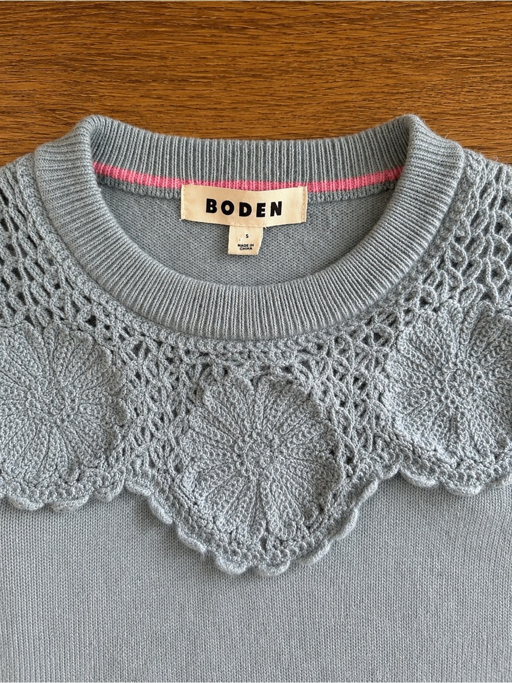 Boden Blue Gray Crochet Floral Yoke Sweater Small - Picture 2 of 3